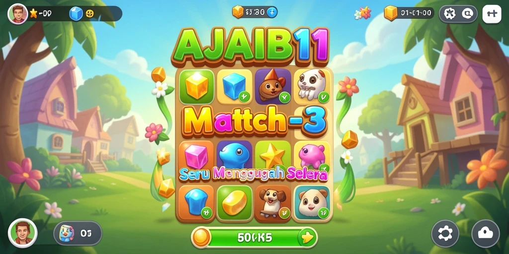 Screenshot AJAIB11 menampilkan gameplay seru Match-3 dengan efek visual menawan.