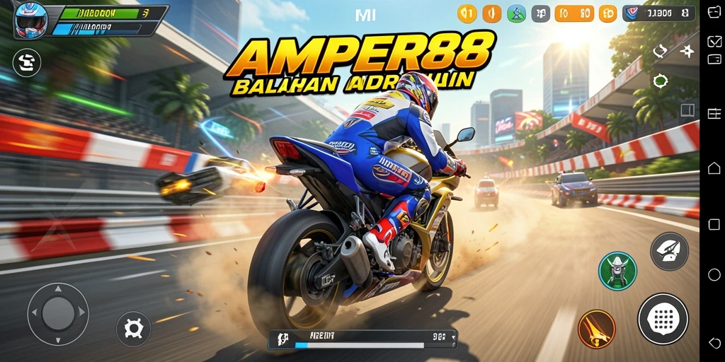 Tangkapan layar gameplay AMPER88 menampilkan aksi balapan motor yang seru.