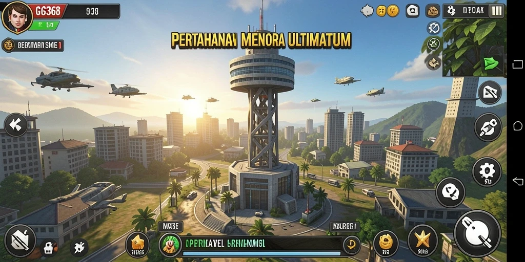 Gameplay seru Tower Defense GG368 dengan menara strategis.