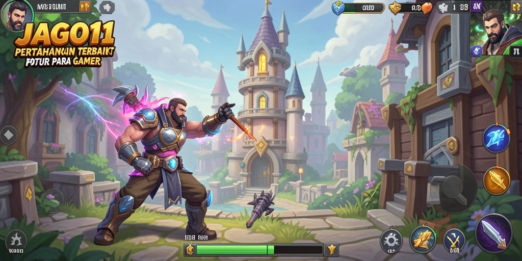 Screenshot gameplay JAGO11 menampilkan serangan menara yang strategis.