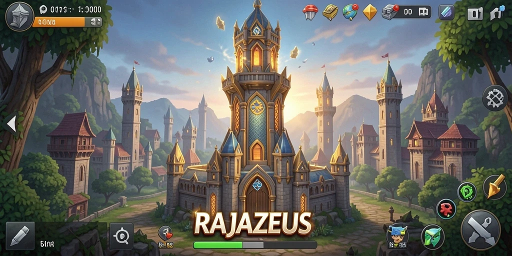 Screenshot gameplay menampilkan pertarungan strategis dalam RAJAZEUS Tower Defense.